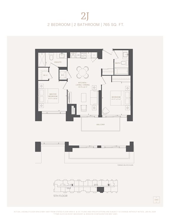 A floor plan of a 2 bedroom, 2 bathroom apartment sized 765 square feet.